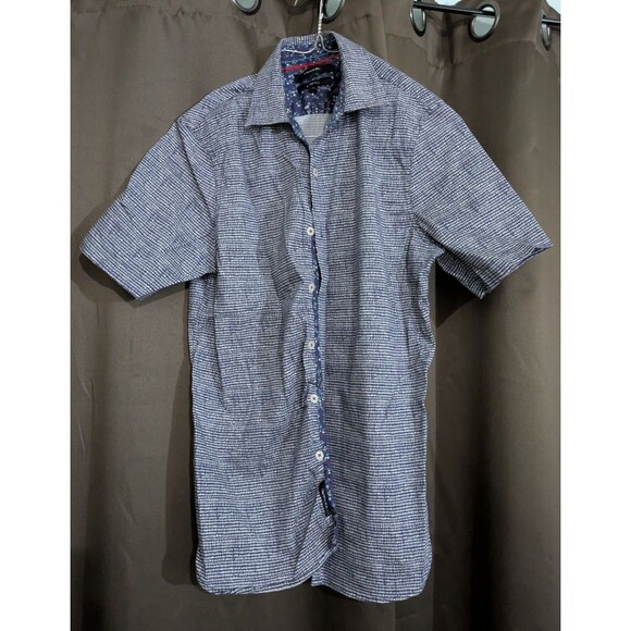 TAHARI Mens S Blue White Print Shirt Pointed Collar Stretch Cotton Casual Work - Picture 1 of 6